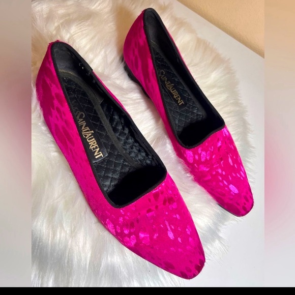 Yves Saint Laurent Shoes - Vintage rare Yves Saint Laurent pointy toed pink sateen animal print loafers